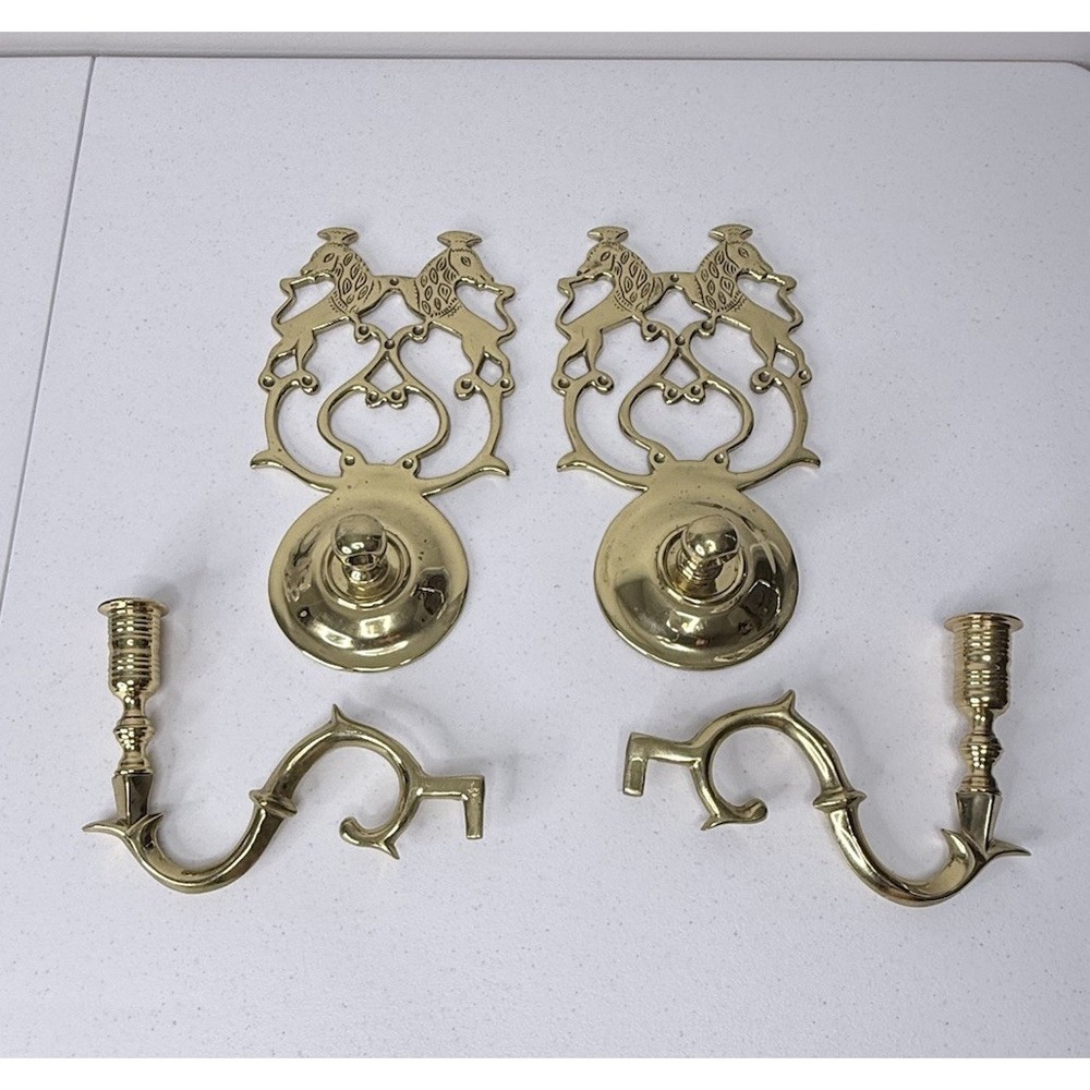 Two Vintage Virginia Metalcrafters Brass Lion Wall Sconce Tapered Candle Holders